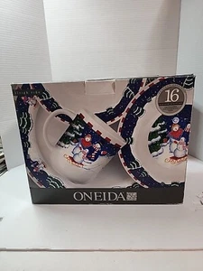 Retired Oneida Holiday Dinnerware 16 Pieces Set "sliegh ride" Snowman Family NIB - Picture 1 of 7