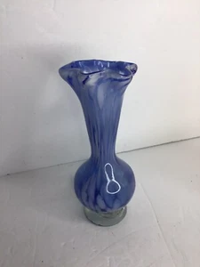 Handblown Blue Art Glass Ruffled Top Stretch White Splatter Vase 6 3/4" Preowned - Picture 1 of 3