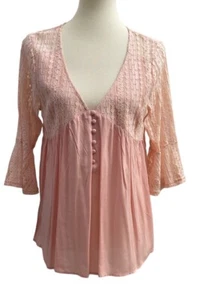 ee: Some Womens V-Neck Mixed Media Lace Blouse With Bell Sleeves Size Medium NWT - Picture 1 of 9