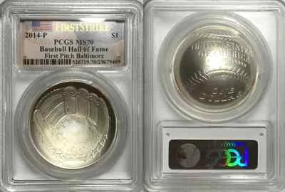 *2014 FIRST PITCH BALTIMORE FS $1 Baseball Hall of Fame PCGS MS70 Silver Coin* - Image 1 of 3