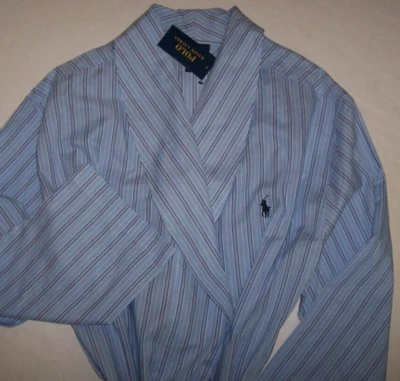 NWT Polo Ralph Lauren BLUE/WHITE STRIPES Cotton Robe Men's S/M NAVY PONY LOGO - Image 1 of 4