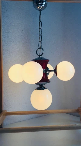 27" ✨ RED & CHROME Mid Century Orb Orbital Chandelier Milk Glass Globe Sputnik Cover