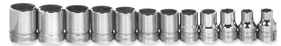 WILLIAMS INDUSTRIAL 12pc 8-19mm 3/8"Drive Shallow 6 Point Chrome Socket Set Clip Rail Williams USA