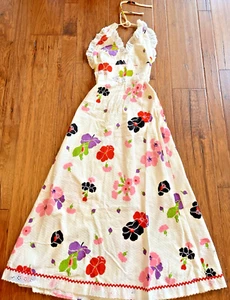 Vintage 70's P B J Junior Petites Floral Long Maxi Halter Eyelet Lace Dress sz 7 - Picture 1 of 5