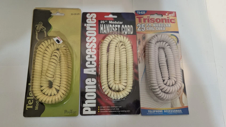 Lot 3 25' Phone Off White Coils Land Line Phone Cord Brand New Old Stock VTG + - Image 1 of 4