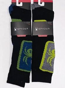 NWT Spyder Logo Ski Socks Boy's Shoe SZ 4-10 2PR Blk/Green/Blue Blk/Yellow/Gray