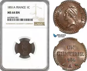 AH187, France, Second Republic, 1 Centime 1851 A, Paris Mint, NGC MS64BN - Picture 1 of 1