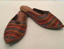 Ethnic Traditional Mojari Jutti Mules Small Leather Multicolor Fabric Stripe