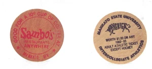 Dos níqueles de madera de colección Mankato MN State University 1982 y restaurante Sambo’s - Imagen 1 de 3