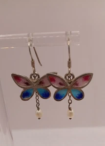 Sterling Silver Enamel Butterfly Dangle Earrings With Pearl - Picture 1 of 7