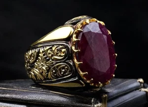 Anello Rubino 15 Carati, Rubino Naturale Argento Sterling 925 Anello Yaqoot per Uomo - Foto 1 di 4