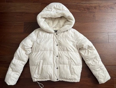 Hollister Women's Ultimate Puffer Quilted Faux Fur Hood Jacket Ivory Size L NEW - Image 1 of 4