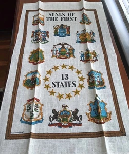 Vintage Lois Long Tea Towel Seals of the First 13 States Americana Kay Dee - Picture 1 of 7