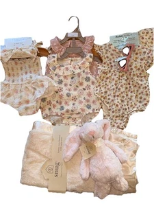 NWT Baby Girl Lot 3 Outfits 0-3, 3-6, 9 Months Sizes Soft Blanket. Bunny Stuffy - Picture 1 of 5