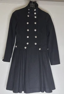 bebe Sz XS Black Wool Double Breasted Military Coat Silver Buttons Peplum Skirt - Picture 1 of 16