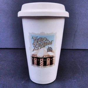 Teatro Zinzanni Ceramic Coffee Cup Silicone Lid Love Chaos & Dinner 5 1/4in Tall - Picture 1 of 7