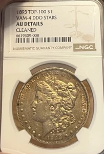 1893 Top-100! Vam-4! NGC AU Details! Morgan Silber Dollar - Bild 1 von 10