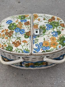 Vintage 70er Jahre Sears Best Nähkorb orange blau grün Blumenmuster Weide - Bild 1 von 15