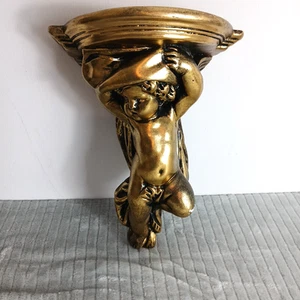 Vintage Gilt / Gold Plaster Angel Cherub Wall Display Shelf Sconce 12.5 inch - Picture 1 of 14