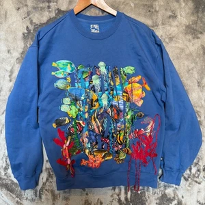 VINTAGE Handmade 3D Fish Ocean Glitter Sweatshirt Medium - Picture 1 of 16