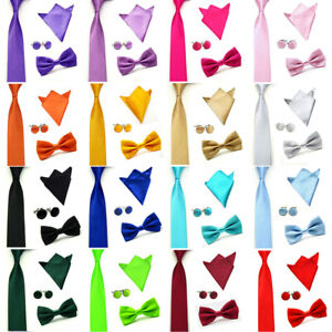 Men's Solid Satin Bow Neck Tie Necktie Handkerchief Pocket Square Cuff Link Set