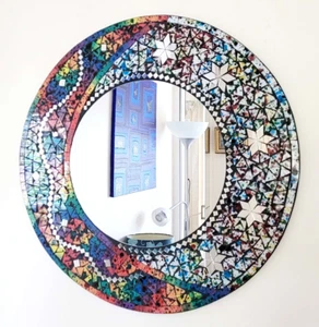 Espejo Pared Mosaico Diseño Estrella Multicolor Redondo 60cm-Hecho a Mano en Bali-NUEVO - Imagen 1 de 8
