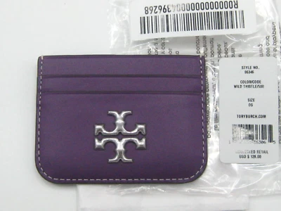 Estuche para tarjetas de cuero Tory Burch Eleanor Wild Thistle púrpura NUEVO original Paquete. etiquetado! Foto 1 de 4