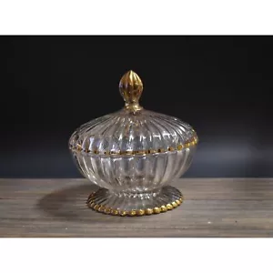 Vintage Glass Compote Dish Jeannette National Pattern Clear Gold Tone Trim Treat - Picture 1 of 9