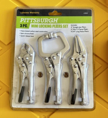 Pittsburgh Mini Locking Pliers Set 3 Piece - Straight, C-Clamp, Long Nose Pliers - Image 1 of 2
