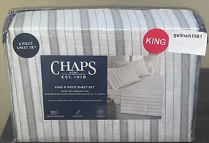 CHAPS by Ralph Lauren 6pc King Sheet Set with 4 Pillowcases Grey Dashed Stripe - Picture 1 of 2