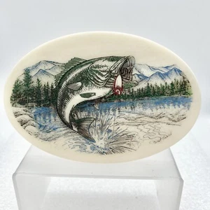 Janet Vancil Signed Stone Etching Of Bass With Lure On Display Easel 6” - Picture 1 of 5