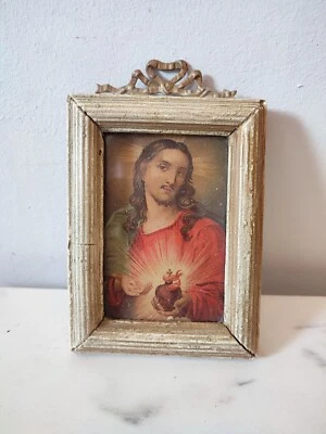 Petit cadre ancien XIXe bois Marqueterie avec décor noeud laiton ruban - Photo 1/2