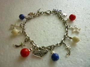 *Stainless Steel Charm Bracelet 4th of July Freedom Red/White/Blue Czech Glass - Bild 1 von 5