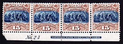 US 129P3 15c Columbus Landing Plate# Strip 4 India Proof w/Perfs VF-XF appr - Image 1 of 2