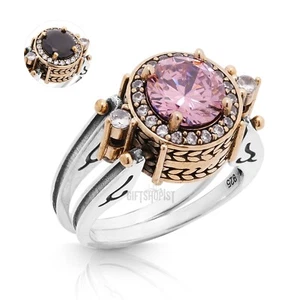 Turkish Reversible Round Pink and Black Onyx Topaz 925 Sterling Silver Ring - Picture 1 of 17