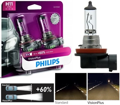Philips VIsion Plus 60% H11 55W Two Bulbs Head Light Low Beam Replace Legal DOT - Image 1 of 4
