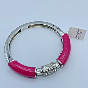 Lia Sophia Silver Tone Stretch Bangle Bracelet W/ Pink Enamel & Crystals B1-14 - Picture 1 of 5