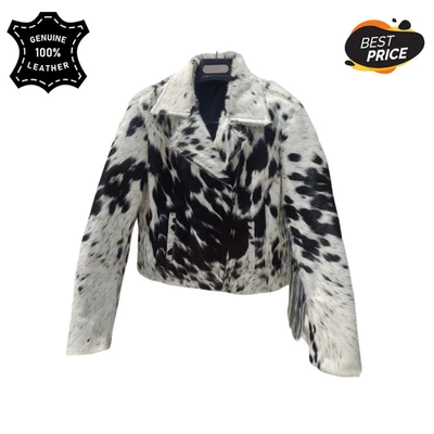Women’s Cowhide Leather Jacket Natural Hair-On Hide Western Handmade Biker Style - Image 1 of 4