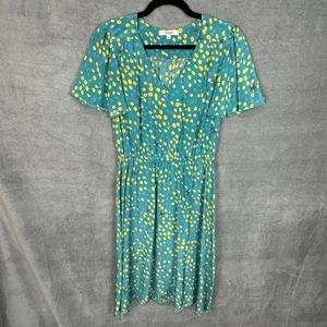 Tucker NYC Dress Womens Small Blue Bumble Bee Honey Silk V Neck Flutter Sleeve - Picture 1 of 13