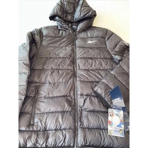 Reebok Mens L Black Quilted Warm Puffer Jacket Coat OMRB1215 Hooded Winter Logo - Picture 1 of 6