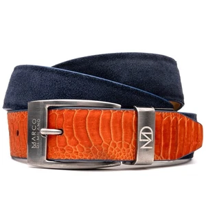 NUEVO Cinturón Marco Milano Para Hombres Cuero Gamuza Avestruz Genuino 2 Tonos Naranja Azul Marino EE. UU. - Imagen 1 de 3