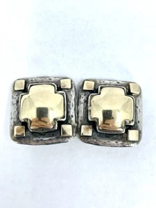 DIAN MALOUF gehämmert Sterlingsilber & 14K Gelbgold Ohrringe Clip Quadrat Kreuz - Bild 1 von 4