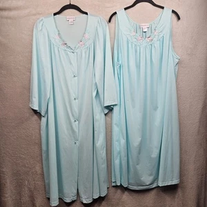 Shadowline Nightgown & Robe Set Womens 2X Teal Floral Embroidered Nylon Retro - Picture 1 of 13