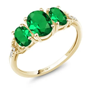 10K Yellow Gold Simulated Emerald and Diamond Accent 3-Stone Engagement Ring | - Picture 1 of 4