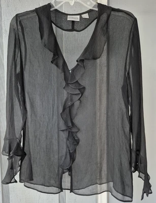 Blusa Chico's 100 % seda negra transparente con volantes cuello en V talla 0 pequeña nueva sin etiquetas Foto 1 de 4