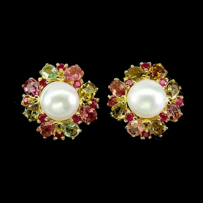 925 Sterling Silver Earrings Pear Tourmaline Ruby Pearl Natural Gemstone Jewelry - Image 1 of 4