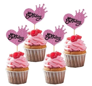 Toppers para Cupcakes Crown, 24 Piezas Toppers para Cupcakes Corazón Púrpura, Feliz Cumpleaños - Imagen 1 de 6