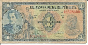 ELBANCO DE LA REPUBLICA Columbia 1947 One Peso CIR. Banknote # 18 - Picture 1 of 2