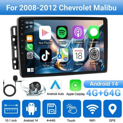 For 2008-2012 Chevrolet Malibu Android 14 CarPlay 10" Car Stereo Radio GPS 4+64G - Image 1 of 4