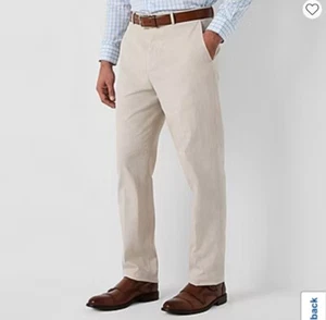 Stafford Linen Dress Pants Flat Front Slim Fit Men's Sz 40x29 Tan Beach Wedding - Picture 1 of 6